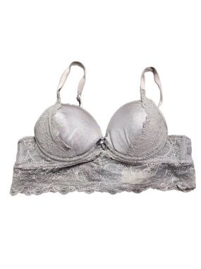 90s/Y2K European Vintage Flame Silky Lace Longline Corset Push-Up Bra Silver 34A